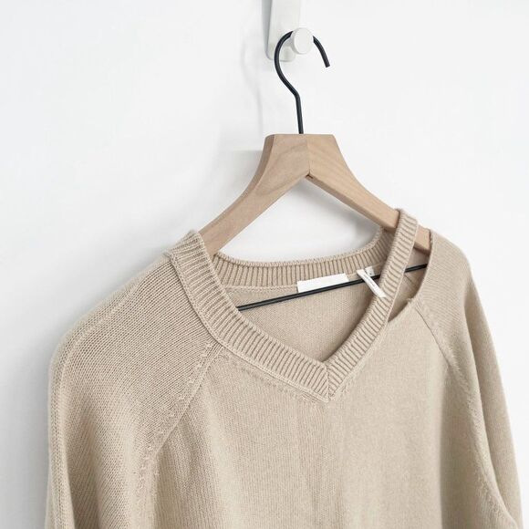 Helmut Lang Distressed V-Neck Sweater Wool Cashmere Raglan Sleeve Tan Women's L - Picture 3 of 7